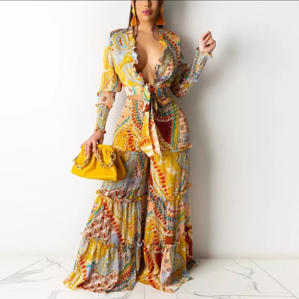 2PC LONG SLEEVE V NECK BLOUSE WITH FLARE RUFFLED PANTS